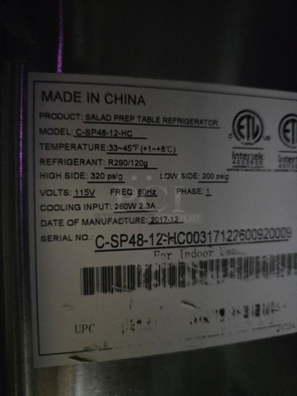Migali C-SP48-12-HC sandwich prep table label showing specs: 48" size, 12 pans capacity, 115V, made in 2017.