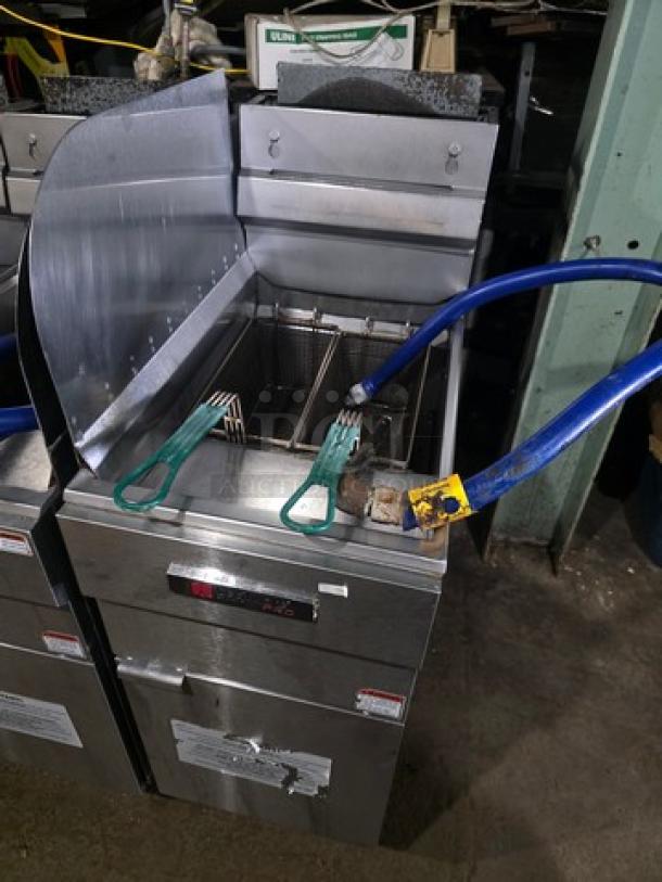 Cecilware Pro FMS504 Natural Gas Floor Fryer, 120,000 BTU, used condition, stainless steel with dual baskets and control panel.
