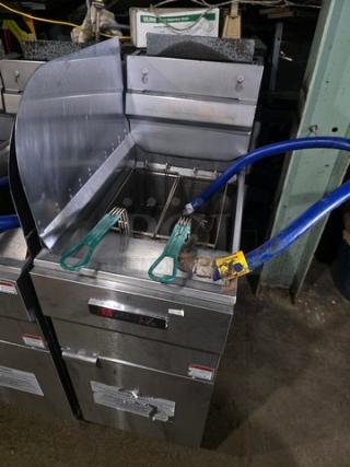 Cecilware Pro FMS504 Natural Gas Floor Fryer, 120,000 BTU, used condition, stainless steel with dual baskets and control panel.