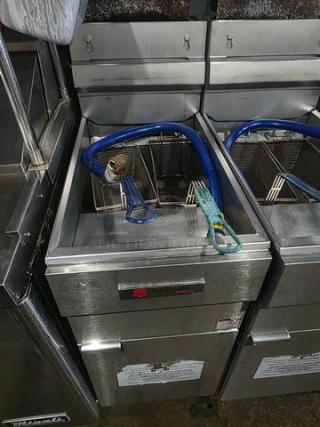Cecilware Pro FMS504 natural gas floor fryer, 120,000 BTU, stainless steel, dual baskets, visible control panel, used condition.