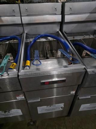 Cecilware Pro FMS504 natural gas floor fryer, 120,000 BTU, stainless steel, visible hoses, fryer baskets, excellent condition.