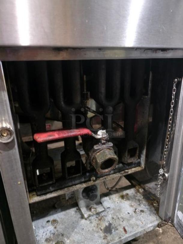 Cecilware Pro FMS504 Natural Gas Floor Fryer, 120,000 BTU, steel finish, visible gas valve, used condition.