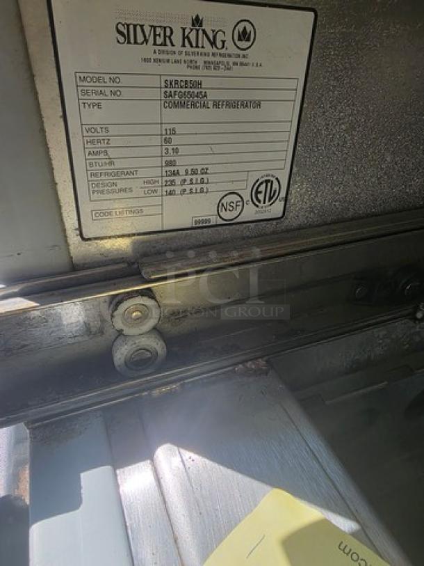 Silver King Chef Base Refrigerator, Model SKRCB50H, 50″, 115v, 6hz, flat top, 2-drawer. NSF certified label visible.