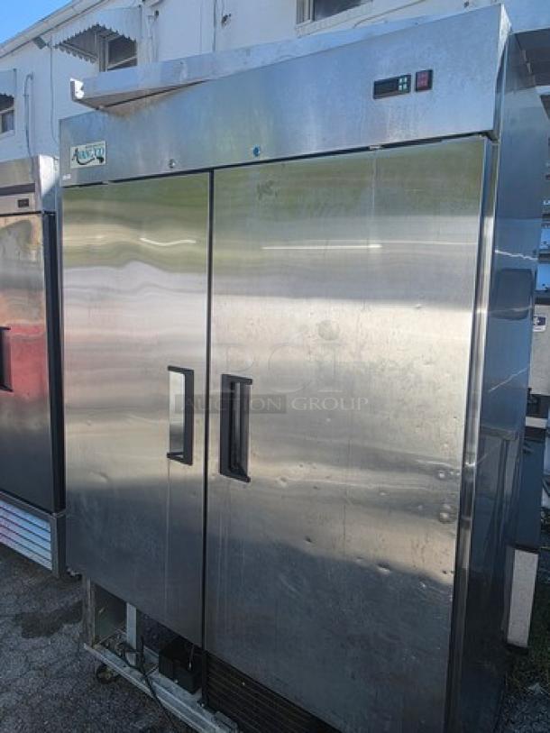Avantco A-49F-HC 54" reach-in freezer, solid doors, stainless steel, digital temperature display, used condition.