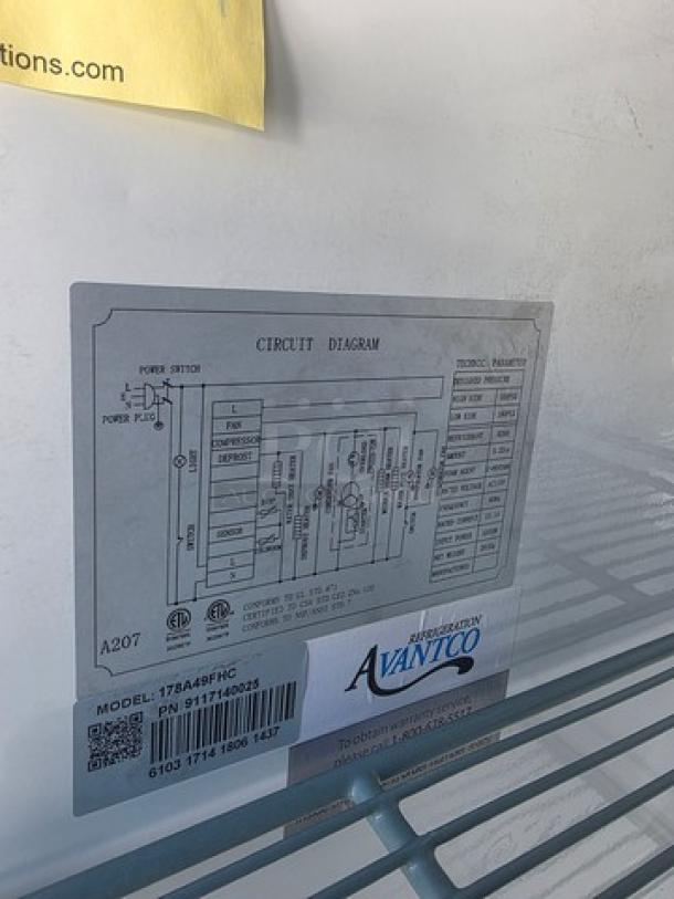 Avantco A-49F-HC freezer label showing circuit diagram, model, and PN 91171400213. Essential details for buyers.