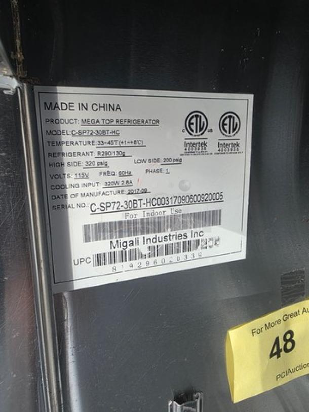 Migali C-SP72-30BT-HC prep table label; shows model, serial number, refrigerant details, and ETL certifications.