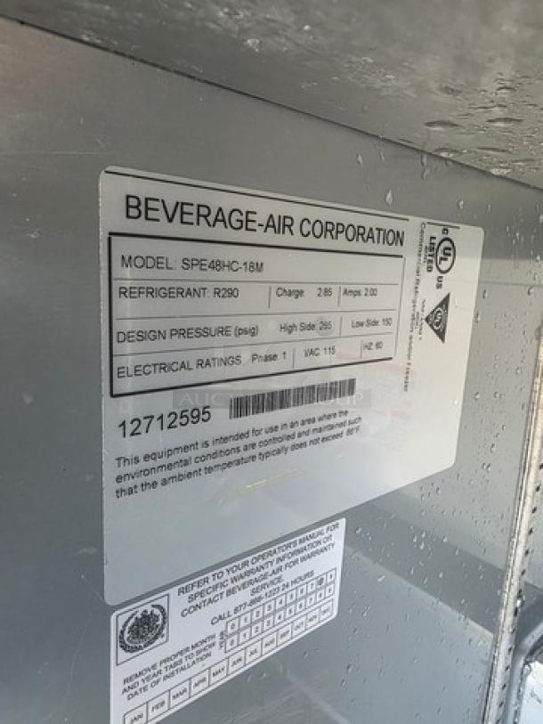 Beverage-Air SPE48HC-18M Mega-Top Sandwich Prep Table label, shows model, refrigerant, and electrical ratings.