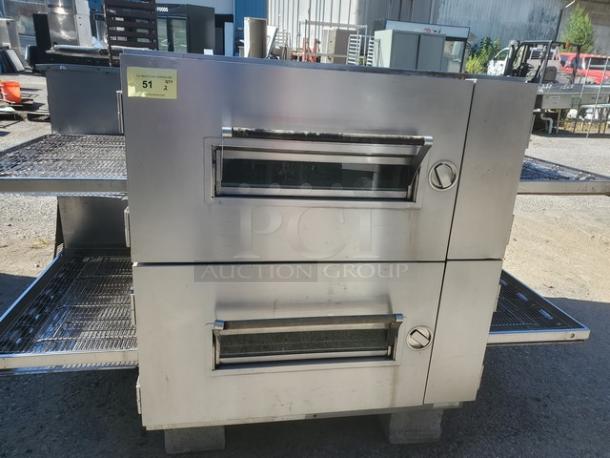 Lincoln Impinger Double Stack Natural Gas Pizza Conveyor Oven Model 1600-015-AR, 110,000 BTU, stainless steel finish.