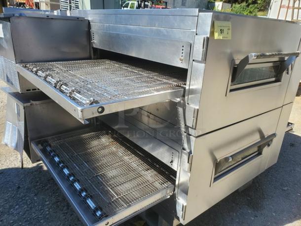 Lincoln Impinger double stack pizza conveyor oven, model 1600-015-AR, 110,000 BTU, visible racks, stainless steel finish.