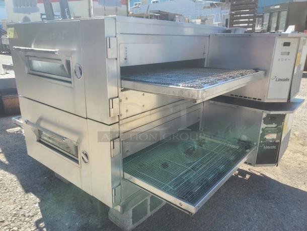 Lincoln Impinger Double Stack Natural Gas Pizza Conveyor Oven Model 1600-015-AR, 110,000 BTU, shown in used condition.