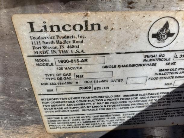 Lincoln Impinger Double Stack Natural Gas Pizza Conveyor Oven, Model 1600-015-AR, 110,000 BTU, label with specs.