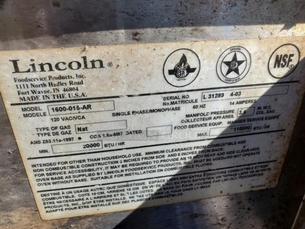 Lincoln Impinger Double Stack Natural Gas Pizza Conveyor Oven, Model 1600-015-AR, 110,000 BTU, NSF certified label visible.
