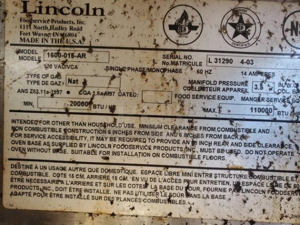 Lincoln Impinger Double Stack Natural Gas Pizza Conveyor Oven Model 1600-015-AR. Features 110,000 BTU, serial L31290, for commercial use.