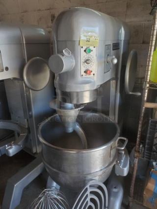 Hobart 80 Qt Mixer Model L 800, 1 Phase, 1.5 HP, 230 V, with attachments, silver, in good condition; needs new plug.