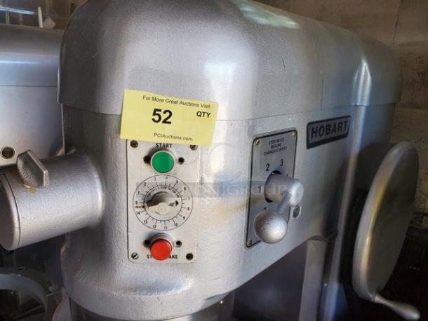 Hobart 80 Qt Mixer Model L 800, 1.5 HP, 230 V. Needs new plug. Includes speed controls and start/stop buttons. Model label visible.