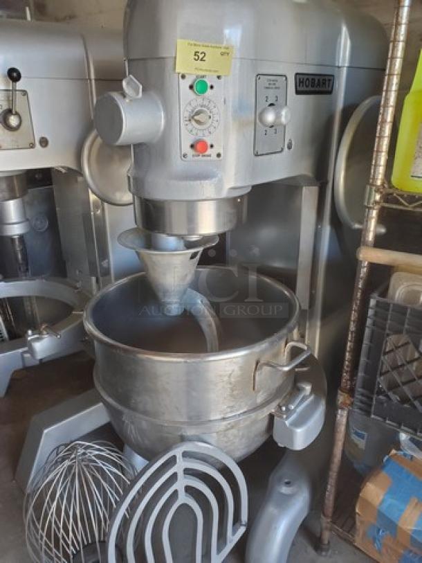 Hobart 80 Qt Mixer Model L 800, 1.5 HP, 230 V, includes attachments; needs new plug.