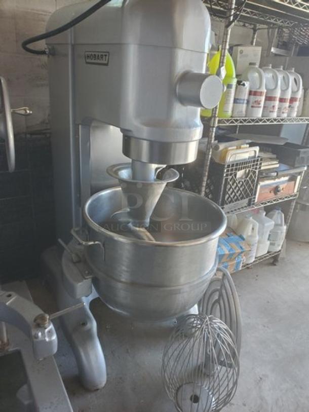 Hobart 80 Qt Mixer Model L 800, 1.5 HP, 230 V, includes attachments, needs new plug, fair condition.