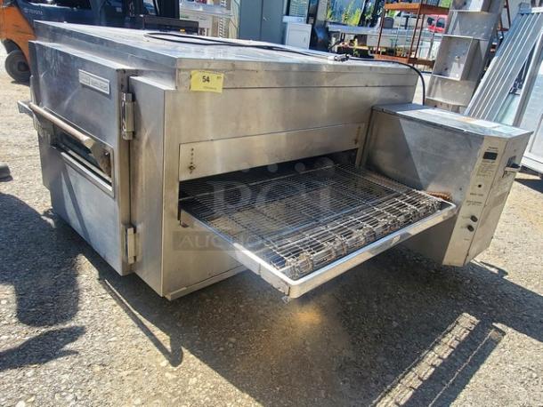 Lincoln Impinger 1450 pizza conveyor oven, stainless steel, natural gas, 120 VAC, 1 PH, 60 Hz, visible control panel, used condition.