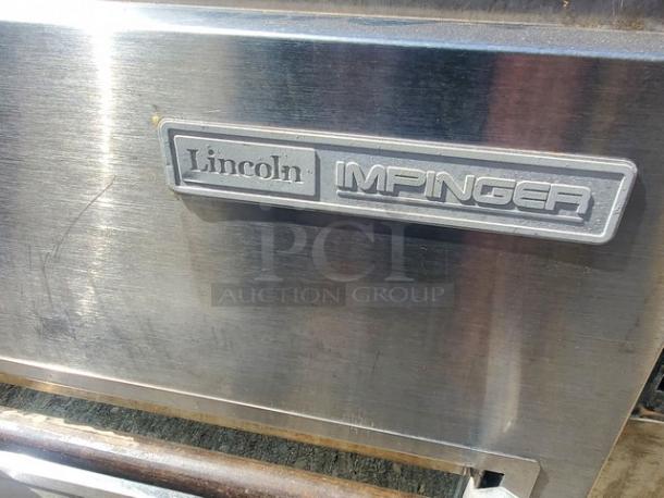 Lincoln Impinger 1450 Pizza Conveyor Oven, stainless steel, natural gas, 120 VAC, 1 PH, 70-120,000 BTU, Lincoln logo visible.