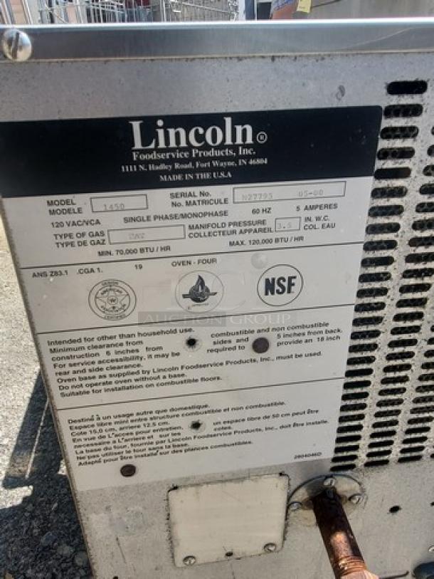 Lincoln Impinger 1450 Pizza Conveyor Oven, natural gas, 120 VAC, 1 PH, 60 Hz, 5 Amps, 70k-120k BTU, NSF certified.