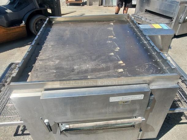 Lincoln Impinger 1450 pizza conveyor oven, stainless steel, natural gas, 120 VAC, visible wear, includes control panel.
