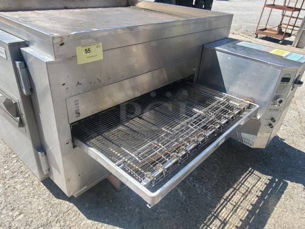 Lincoln Impinger 1450 Pizza Conveyor Oven, stainless steel, visible wear, model tag shows 120 VAC, 1 PH, SS, natural gas use.