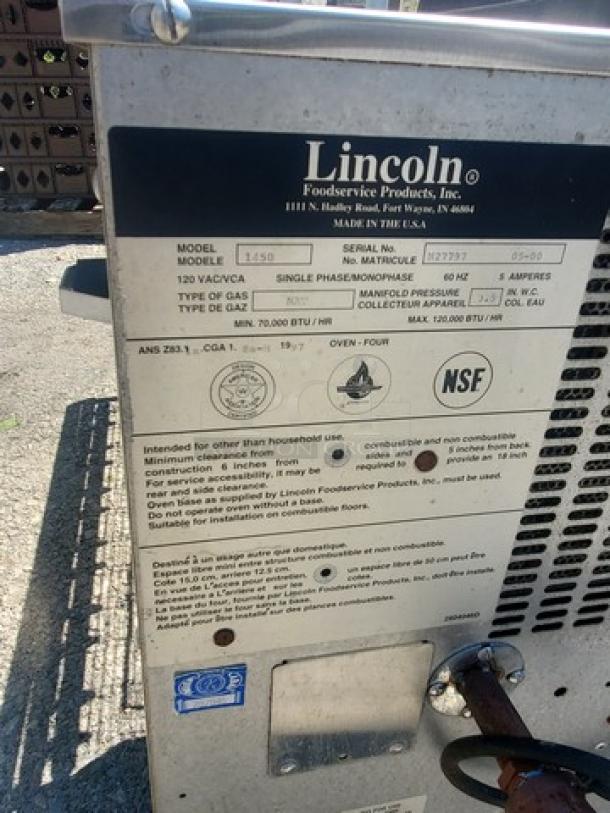 Lincoln Impinger 1450 Pizza Conveyor Oven, 120 VAC, 1 PH, Natural Gas, 70,000-120,000 BTU, NSF certified, serial details visible.