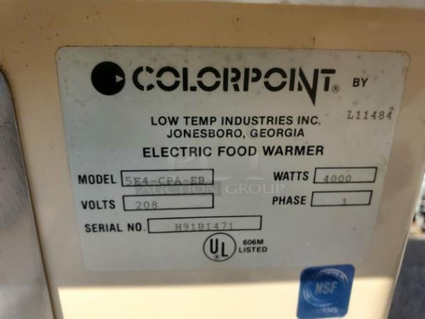 Colorpoint 5E4-CPA-EB electric steam table label, 208V, 1 PH, 4000 watts, serial H91B1471, UL and NSF listed.