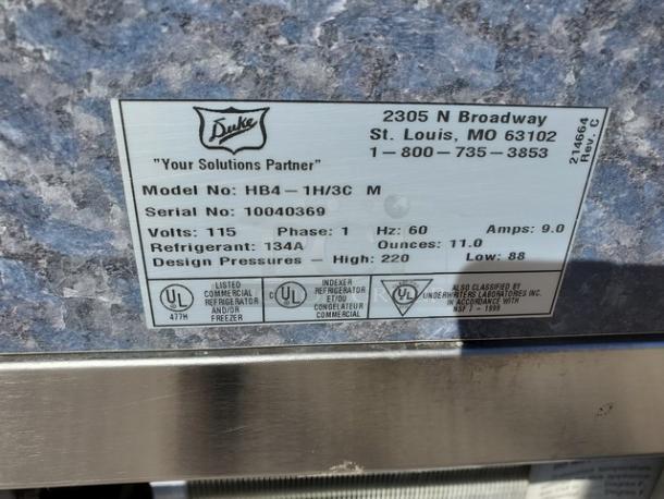 Duke HB4-1H/3CM Electric Buffet Hot/Cold Unit label, showing model, serial number, voltage, and refrigerant details.