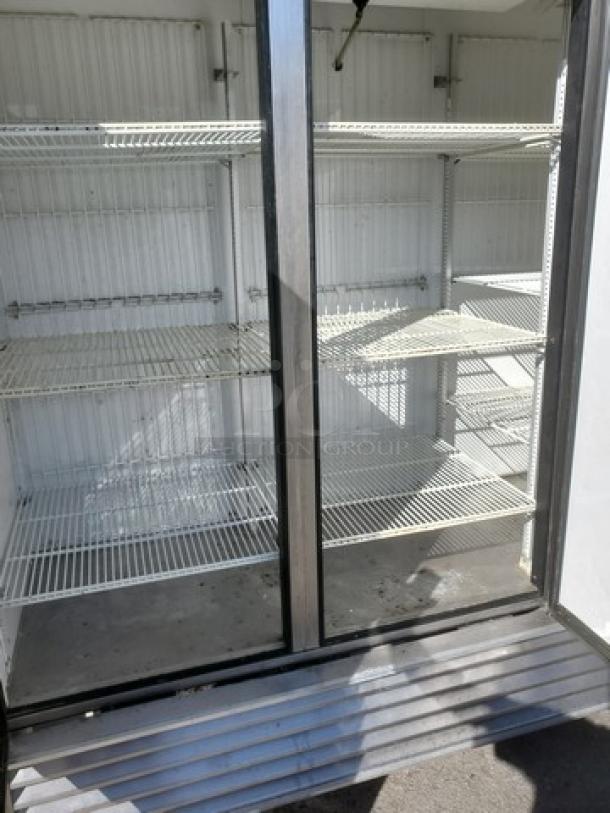 True T-72F T-Series 3-section reach-in freezer, solid doors, steel shelves, used condition, commercial kitchen appliance.