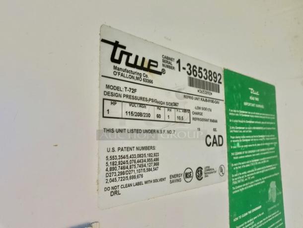 True T-72F Reach-In Freezer label detailing model specifications, voltage, and patent numbers.