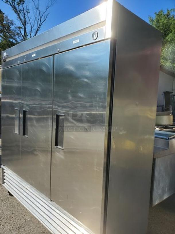 True T-72F T-Series solid door reach-in freezer, 3 sections, stainless steel, used condition.