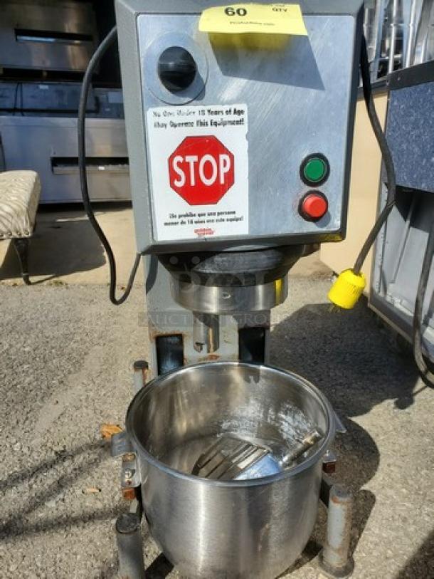 Varimixer W20 20-QT planetary dough mixer by Welbuilt. Features stop label, control panel, stainless steel bowl. Good condition.