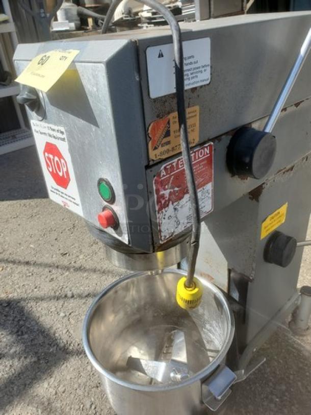 Varimixer W20 20-QT planetary dough mixer by Welbuilt, showing control buttons and warning labels, used condition.