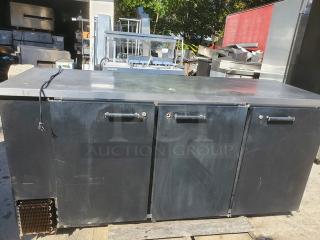Beverage Air BB78 black 78" three-door back bar refrigerator, 115V, features solid doors, and is suitable for commercial use.