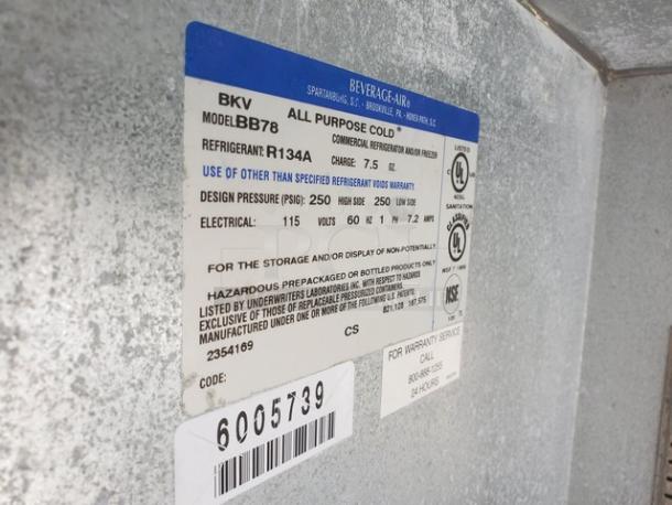 Beverage Air BB78 back bar refrigerator label, showing model, refrigerant type R134A, and electrical details.