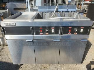 Hobart 3HFD50 electric fryer with 2 wells and 1 dump station, 208V, 3PH, 60 Hz. Stainless steel. Used condition.