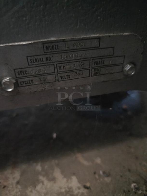 Hobart 80 Qt Mixer Model L 800 tag, showing serial No. 11-1079-7, 1.5 HP, 230V, single phase; needs new plug.