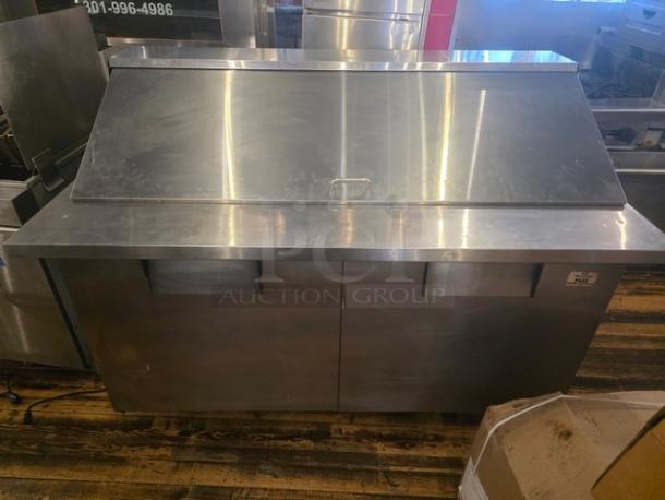True QA-60-24M-B 60" refrigerated prep table, stainless steel, 115V, 60 Hz, 1 PH, dual compartments, good condition.