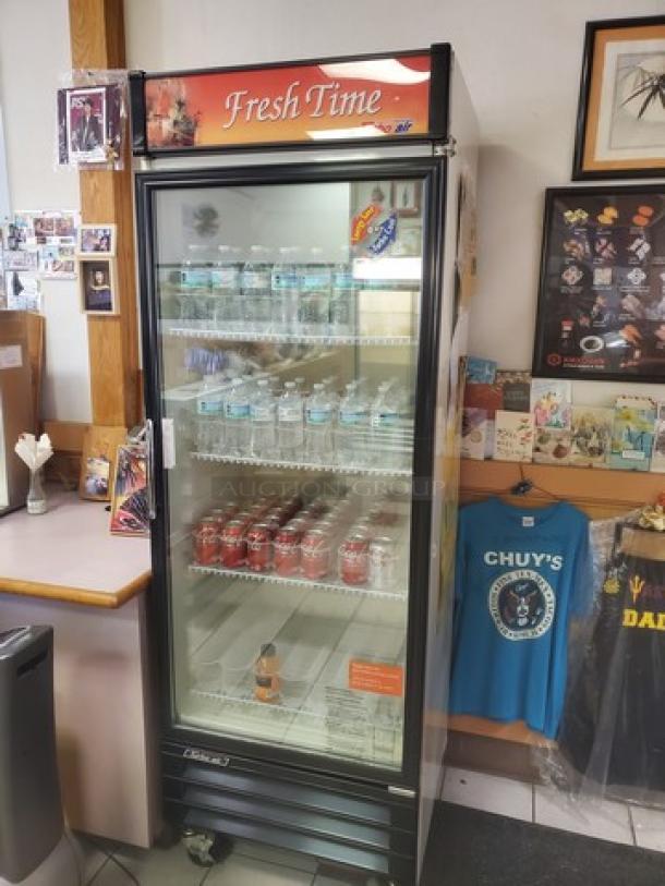 Turbo Air TGM-22CR Commercial Glass Door Cooler Merchandiser, black frame, glass door, branded "Fresh Time."