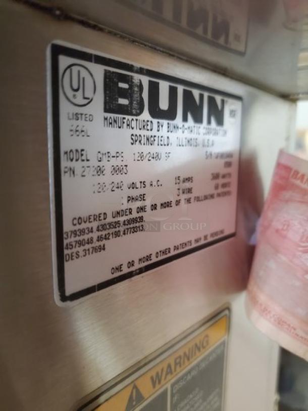 Bunn GMB-PS 27200.0003 commercial coffee maker label showing model, voltage, and patent details.