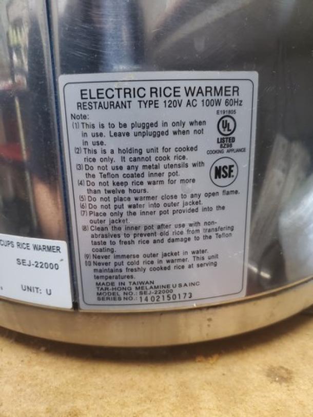 Excellante SEJ22000 Commercial Stainless-Steel 50-Cup Rice Warmer, model SEJ-22000, UL and NSF certified labels visible.