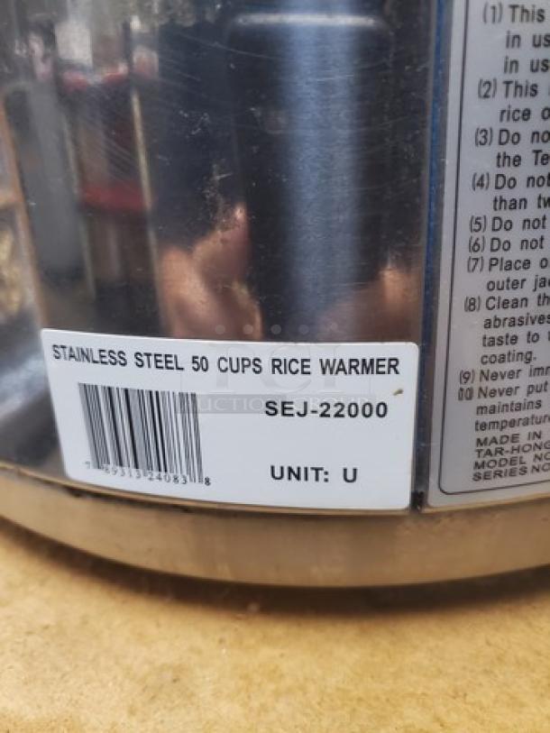 Excellante SEJ-22000 stainless-steel 50-cup rice warmer, model SEJ-22000, in good condition with label visible.