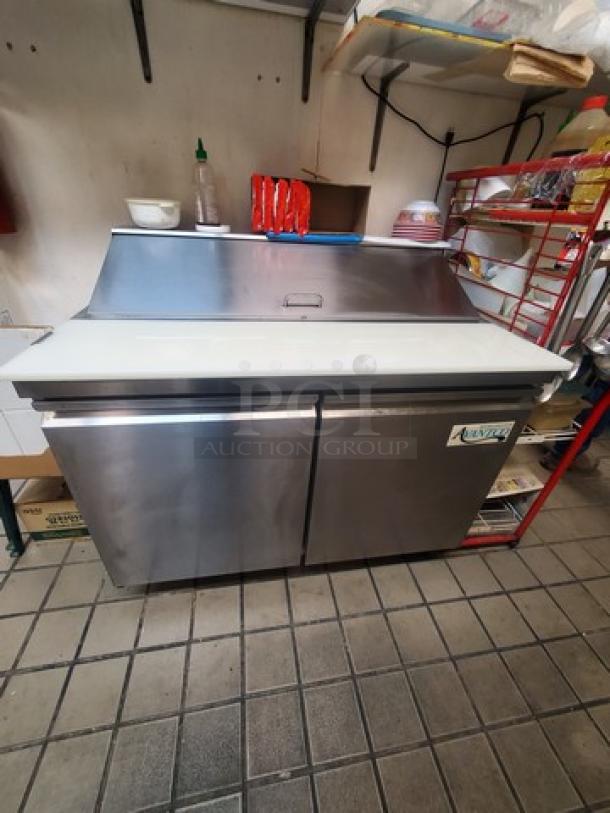 Avantco 178SSPT48HC 46" two-door stainless steel refrigerated sandwich prep table. Contents inside not included.