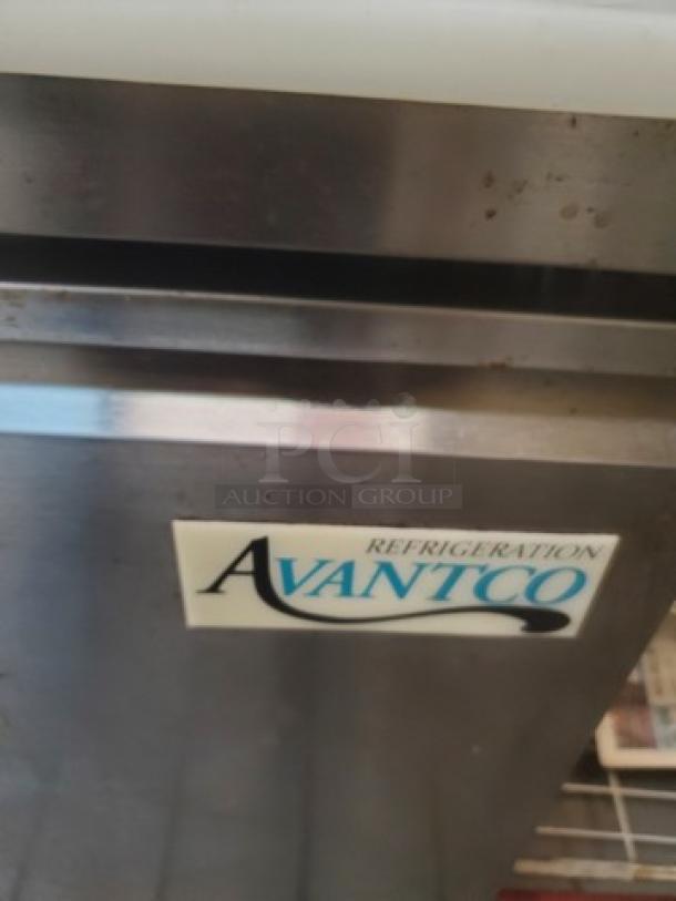 Avantco 178SSPT48HC 46" 2 Door Stainless Steel Refrigerated Sandwich Prep Table, showing brand label.