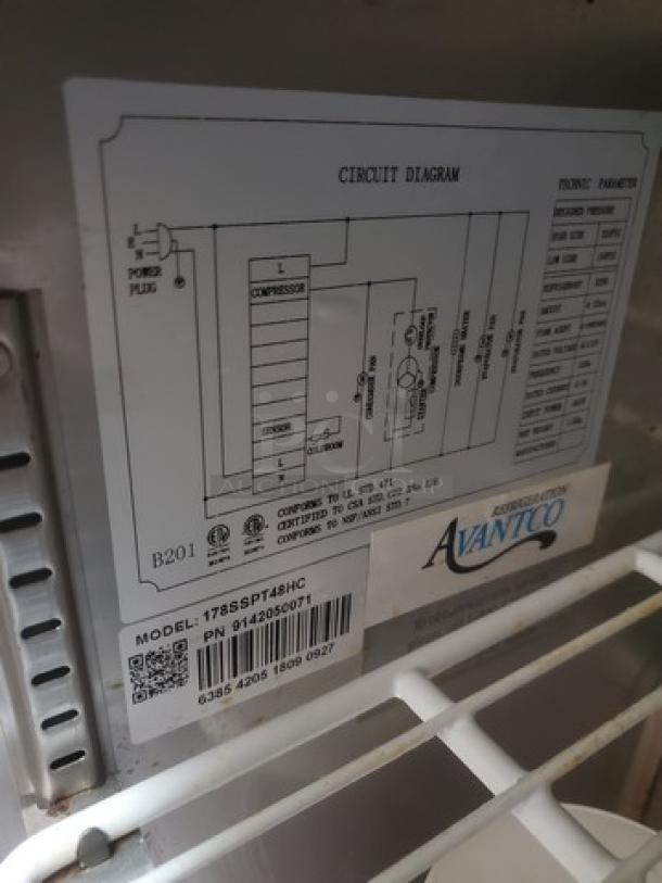 Avantco 178SSPT48HC stainless steel prep table label, showing model and circuit diagram; interior contents not included.