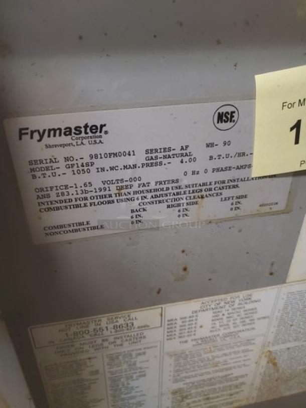 Frymaster GF14SP gas fryer with 40 lb. capacity. Label shows model, serial number, gas type, and pressure details.