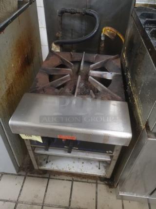 Star-Max Countertop Gas Stock Pot Range, stainless steel top, worn condition, visible grease buildup, ideal for commercial use.