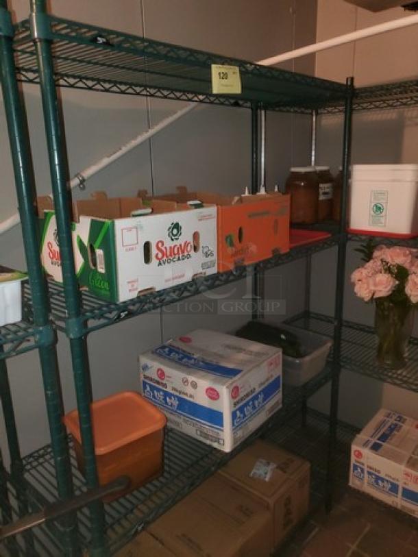 4-Tier wire shelving unit, green metal, excellent condition, adjustable shelves, sturdy construction. Contents not included.