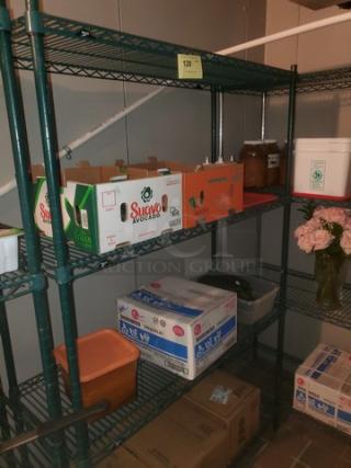 4-Tier wire shelving unit, green metal, excellent condition, adjustable shelves, sturdy construction. Contents not included.